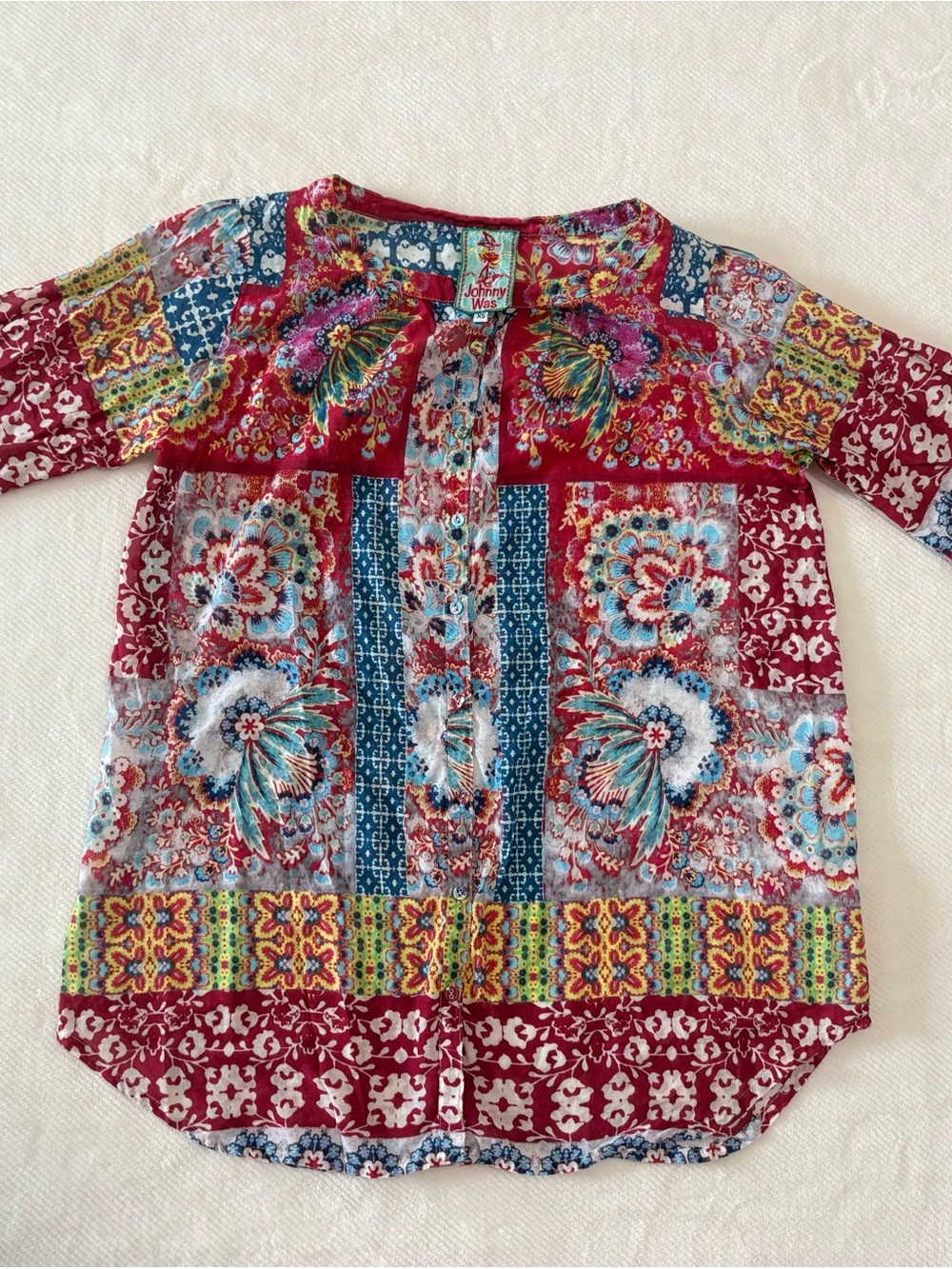 Johnny Was XS Floral Embroidered Tunic Blouse Button Down Multicolor 3/4 Sleeve